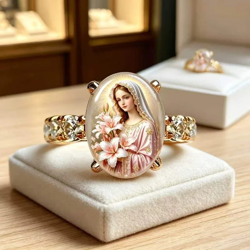 Bohemian Ladies Golden, Last Supper Scene Oval Ring, Fashion Jewelry Everyday Wear