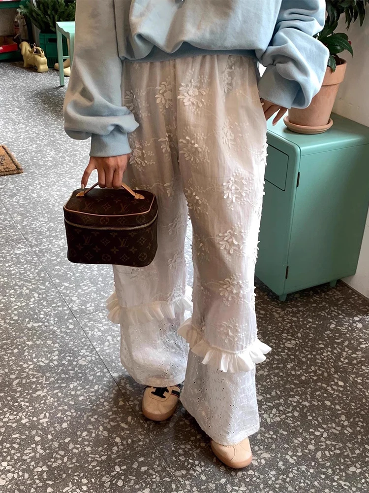 

Ele Embroidered Floral Lace Casual Pants High Waist Slim Straight Leg Wide Leg Long Pants for Women Spring New Sle