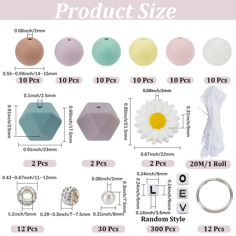420Pcs Round Focal Beads Keychain Making Bead Kit with Thread Colorful Flower Rhinestone Acrylic Pearl Split Keyrings for Car