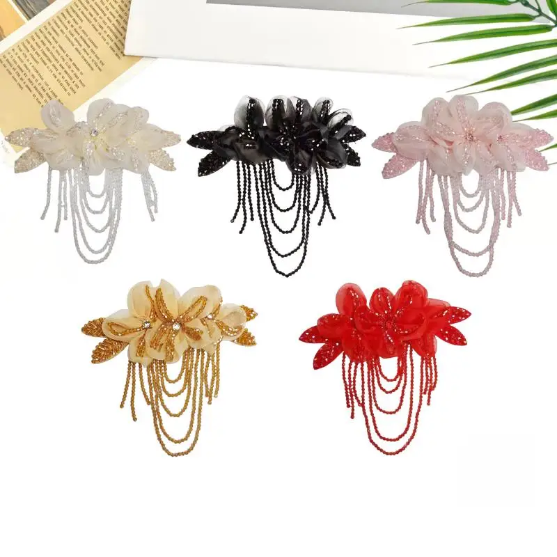 1 Stück Modische Perlenverzierung Blumen-Applikation Abnehmbare Quaste DIY Näh-Aufkleber Kristall-Chiffon Bühnenkleidung Schulterriemen – Detail 7