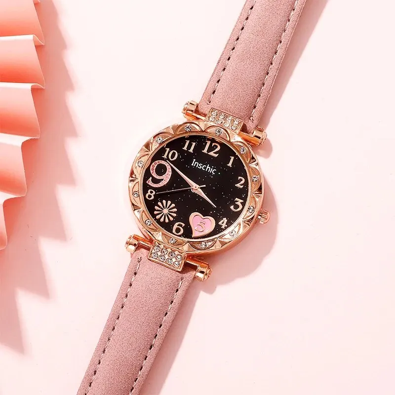 Reloj de cuarzo a la moda para Mujer, pulsera analógica de lujo con banda de cuero rosa, Conjunto de Reloj para Mujer