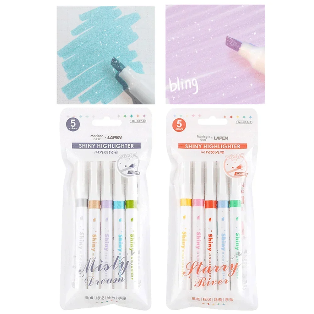 

5 Colors/set Art Glitter Bling Highlighters Metallic Fluorescent Markers Pens for Journaling Cute Kawaii Japanese Stationery