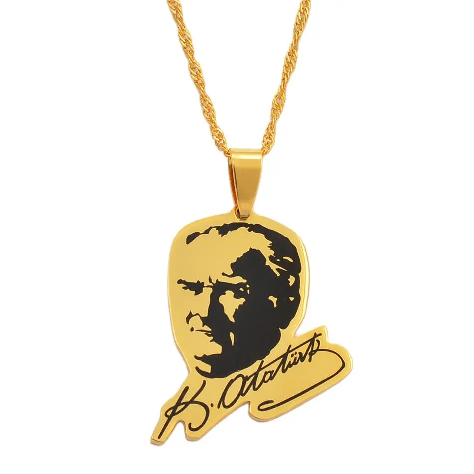 Anniyo Turkey Mustafa Kemal Ataturk Pendant Necklace for Women Gold Color Portrait Jewelry @027521