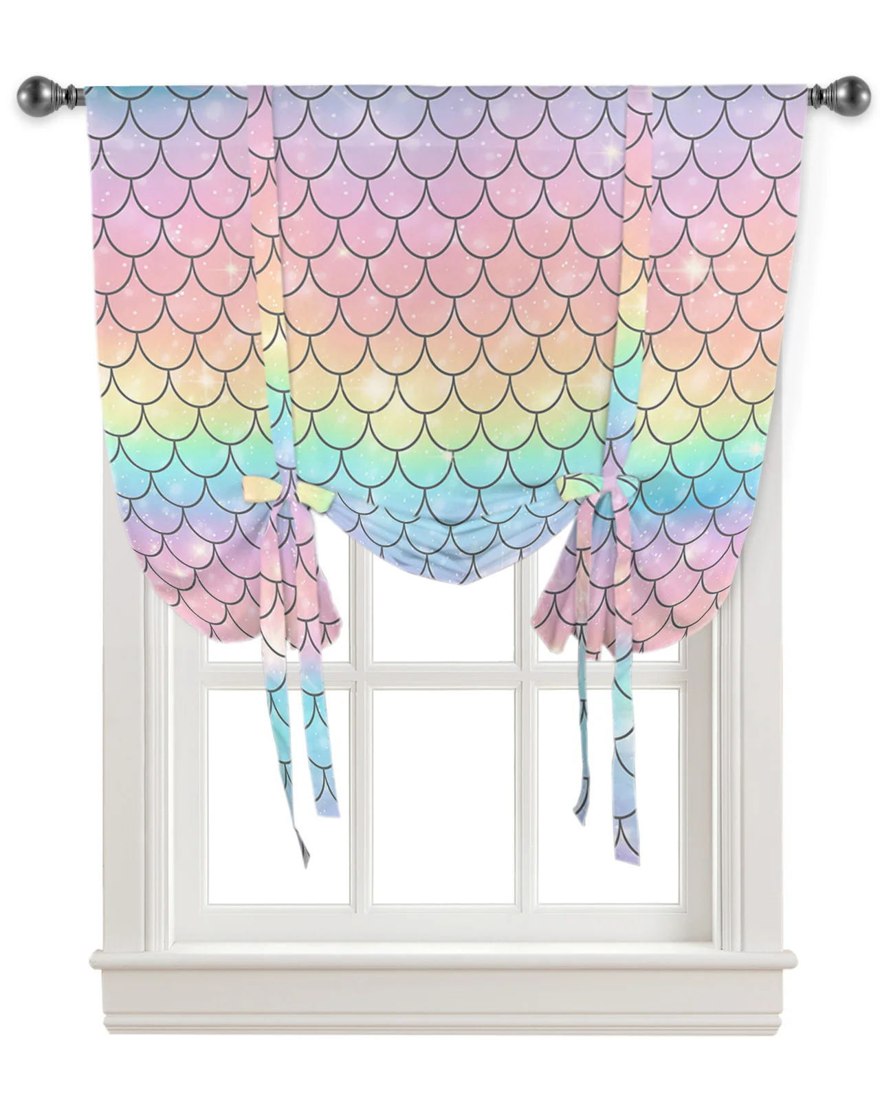 Mermaid Scales Ocean Rainbow Window Curtain for Living Room Roman Curtains for Kitchen Cafe Tie Up Short Drapes