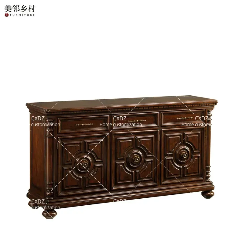 All Solid Wood Antique Dining Side Cabinet Three Door Storage Cupboard Villa Large Apartment High End Sideboard