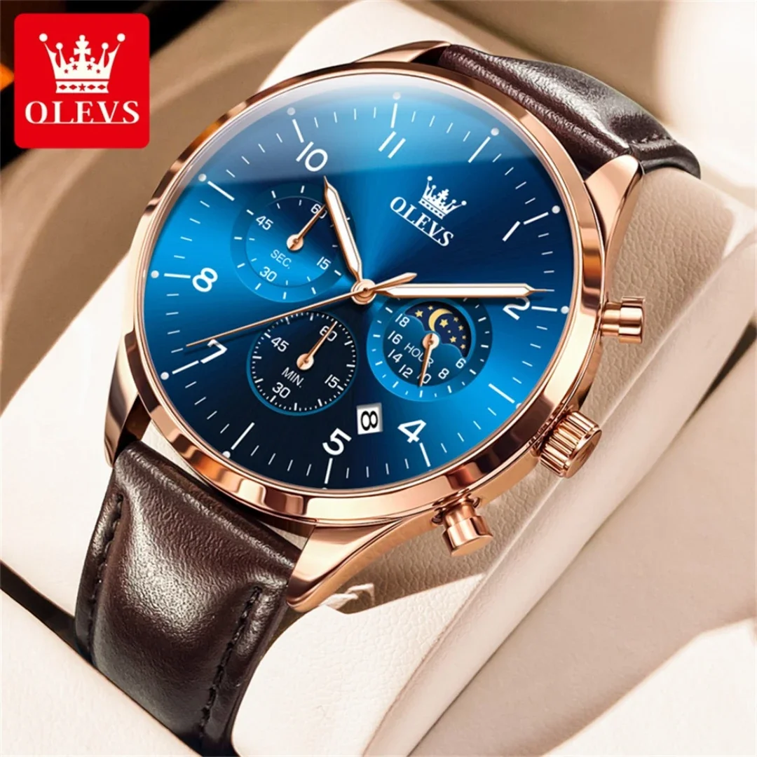 OLEVS-Quartz Business Watch, pulseira de couro genuíno, Round Dial Chronograph, Calendário, 2882