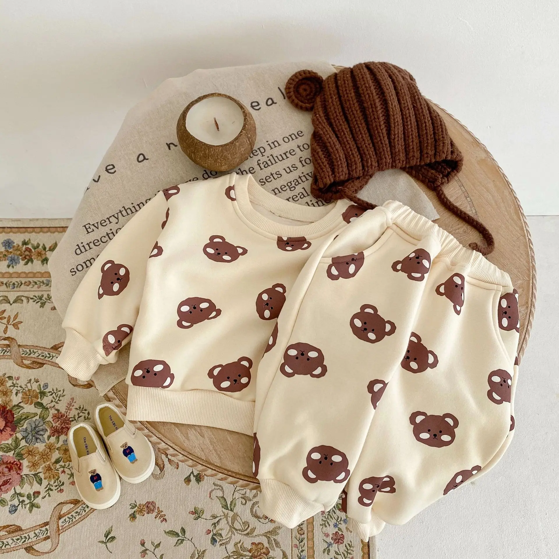 Ins2022 winter dress infant costume bear print suit baby plush thickened top+trousers 2 pieces