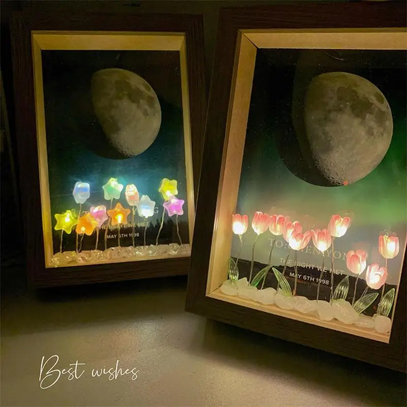 Tulips Night Light Photo Frame Simulation Flower Table Lamp Picture Frame Decorative Light USB Powered Tulips Light Atmosphere