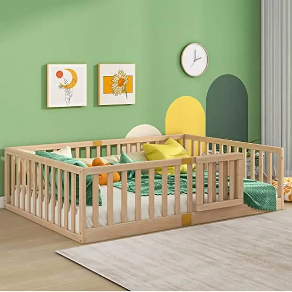 Montessori Full Floor Bed with Safety Guardrails Left/Right Install Door Kids Wood Frame Independent Sleep Space Bedtime Story