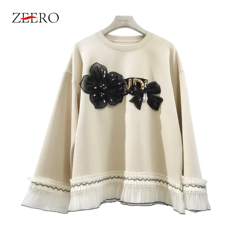 Spring Autumn Women Flare Sleeve Patchwork Ruffles Beaded Hoodie Top Mujer Female Loose Flowers Appliques Pullover Sweatshirts