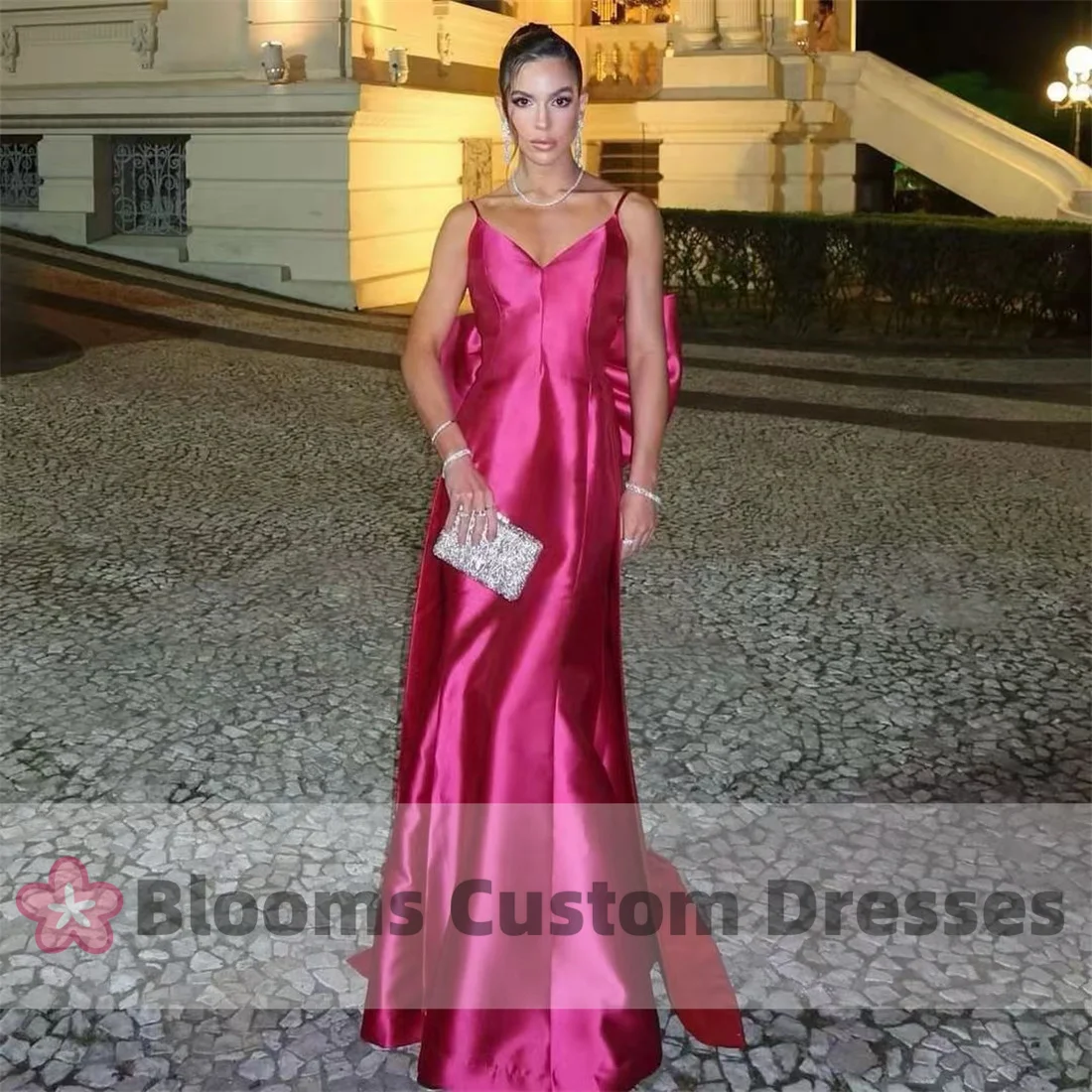 Blooms Spaghetti Straps Satin Backless Evening Dresses 2024 Bow Floor-Length Formal Party Gown robes invitée mariage