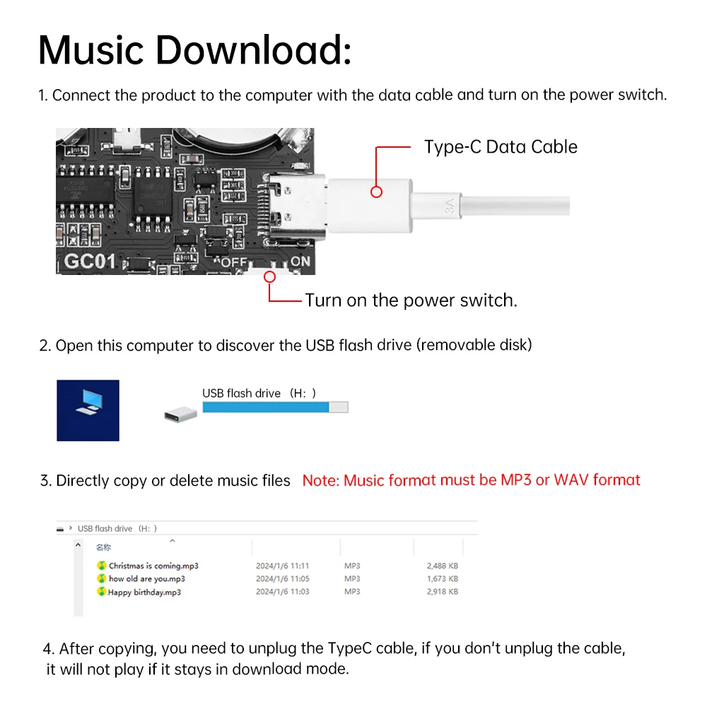 Modulo biglietto di auguri musicale fai-da-te modulo di riproduzione Audio MP3 con altoparlante memoria 8M con interruttore a chiave TYPE-C