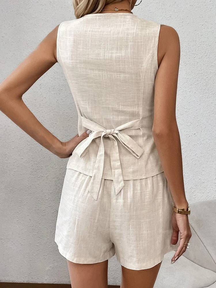 Jastie Khaki Cotton Linen Sleeveless Vacation Outfit Two Pieces Shorts Suits Summer 2024 Lace Up Vest + Hot Pants 2-Piece Sets