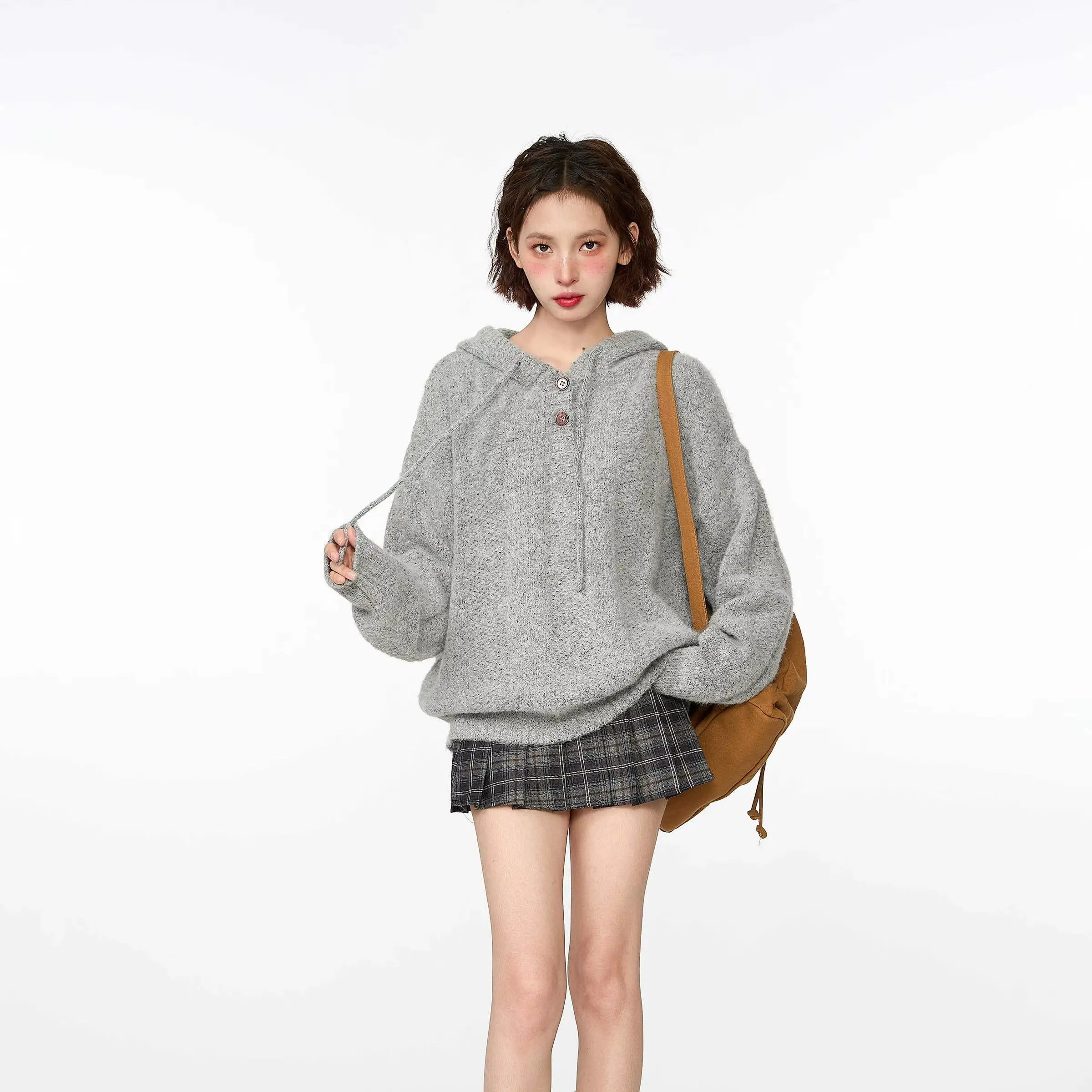 

Grey Hooded Pullover Knitted Sweater For Women In Autumn And Winter, Loose And Lazy Style, Soft And Sticky Sweater Jacket