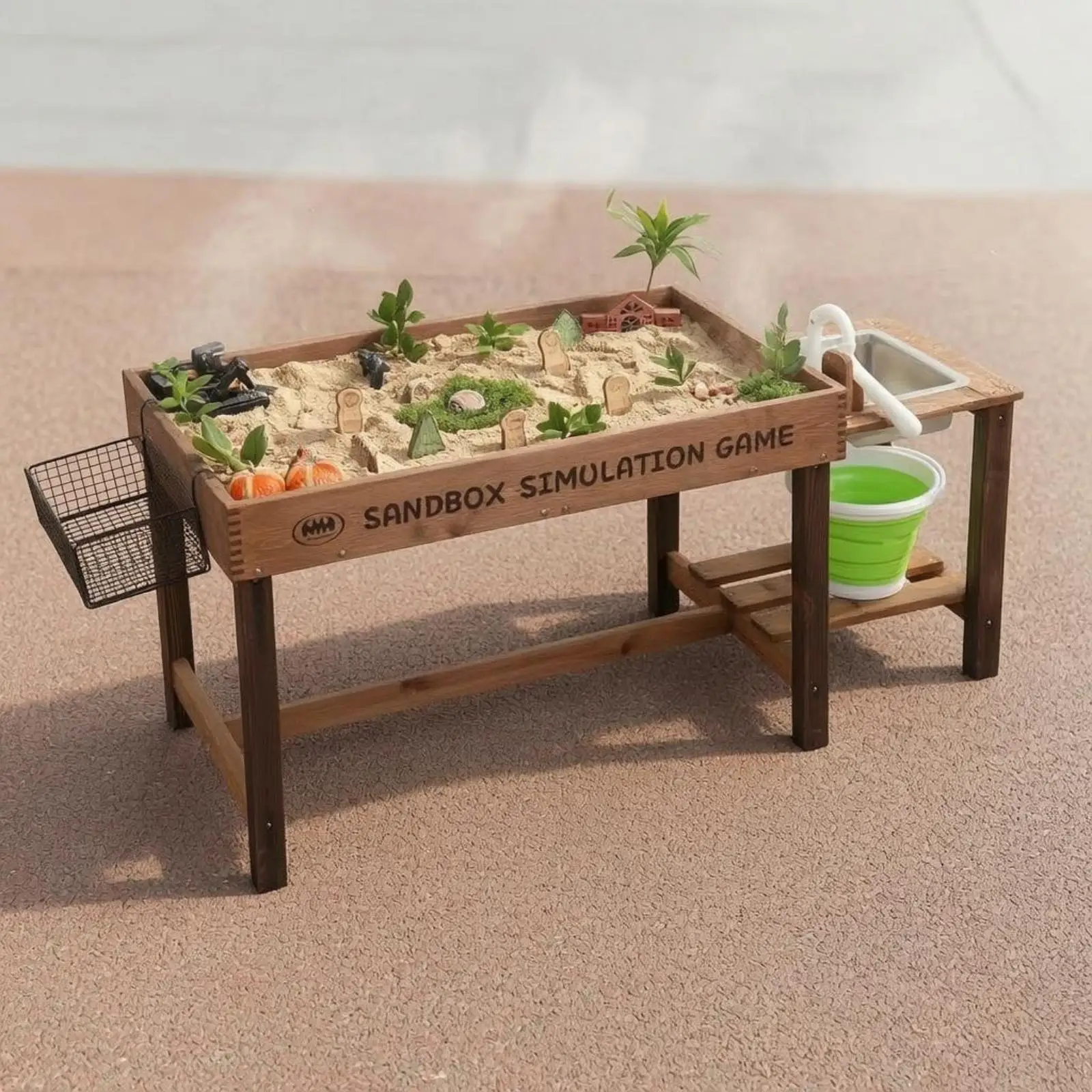 Outdoor Play Kitchen Sandbox Table for Children Wooden Design with Side Bucket and Storage