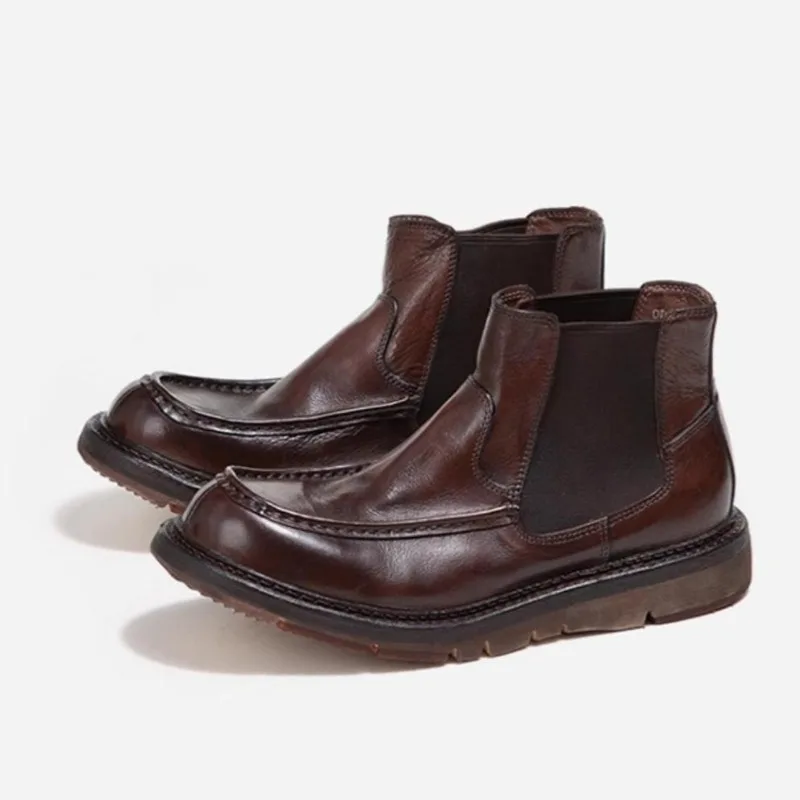 

Британские ботинки челси, мужская обувь на толстой подошве, повседневные походные ботильоны из воловьей кожи растительного дубления, уличные рабочие ботинки