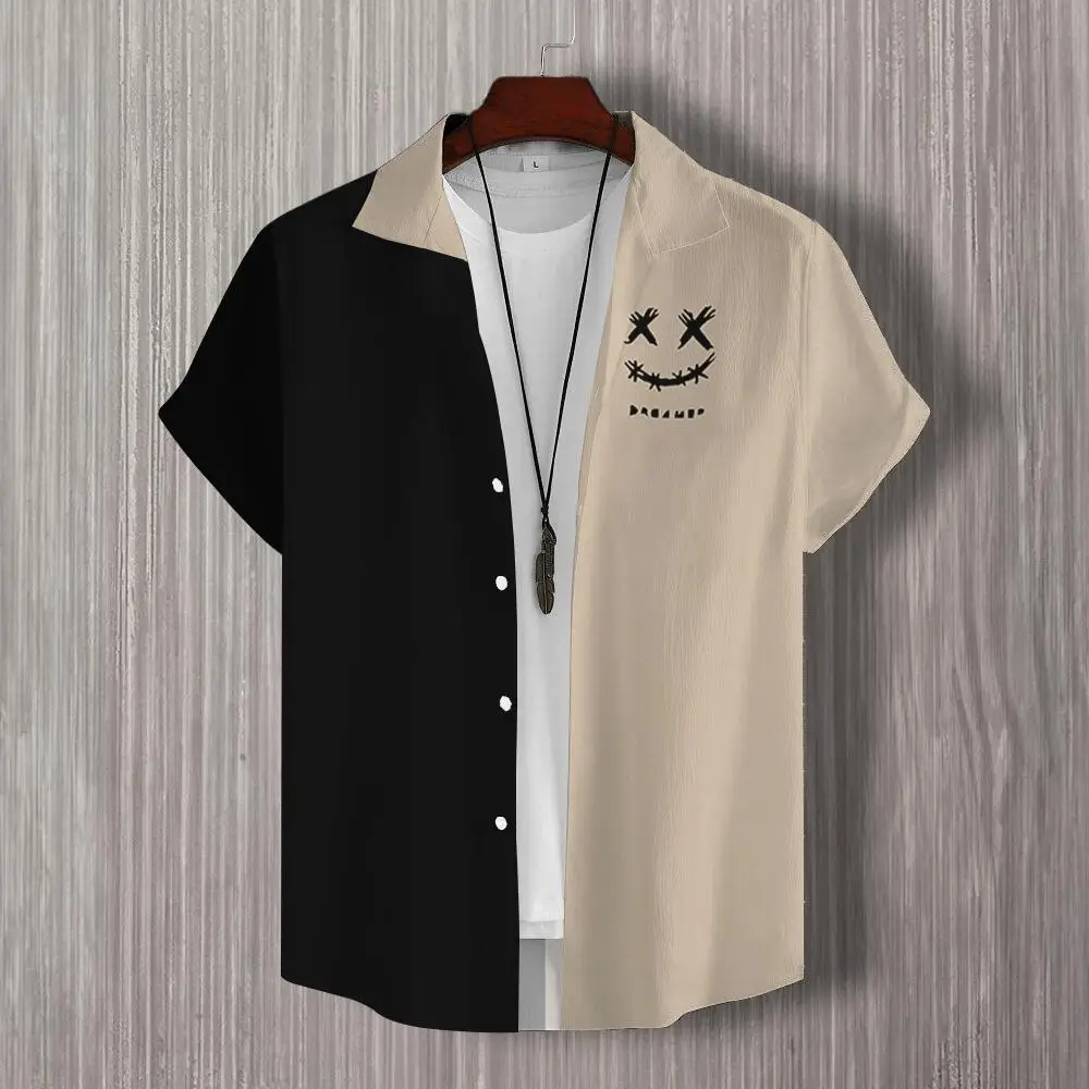 Uniquely Designed Black and White Spliced Smiling Short Sleeved Shirt for Men, Loose and Slimming Casual Top