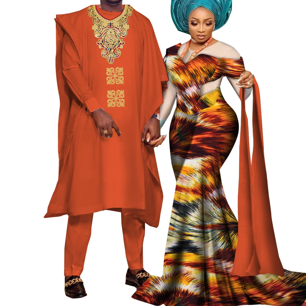 African Couple Clothes Party Dresses for Women Riche Men Print Robe Shirt with Trousers Suits Sets Wedding Clothing Wyq922