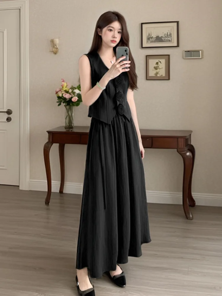 High Quality French 2 Piece Sets Woman Outfit Korean 3D Flowers V-neck Short Sleeveless Top + Long Skirt Suits Ensemble Femmes