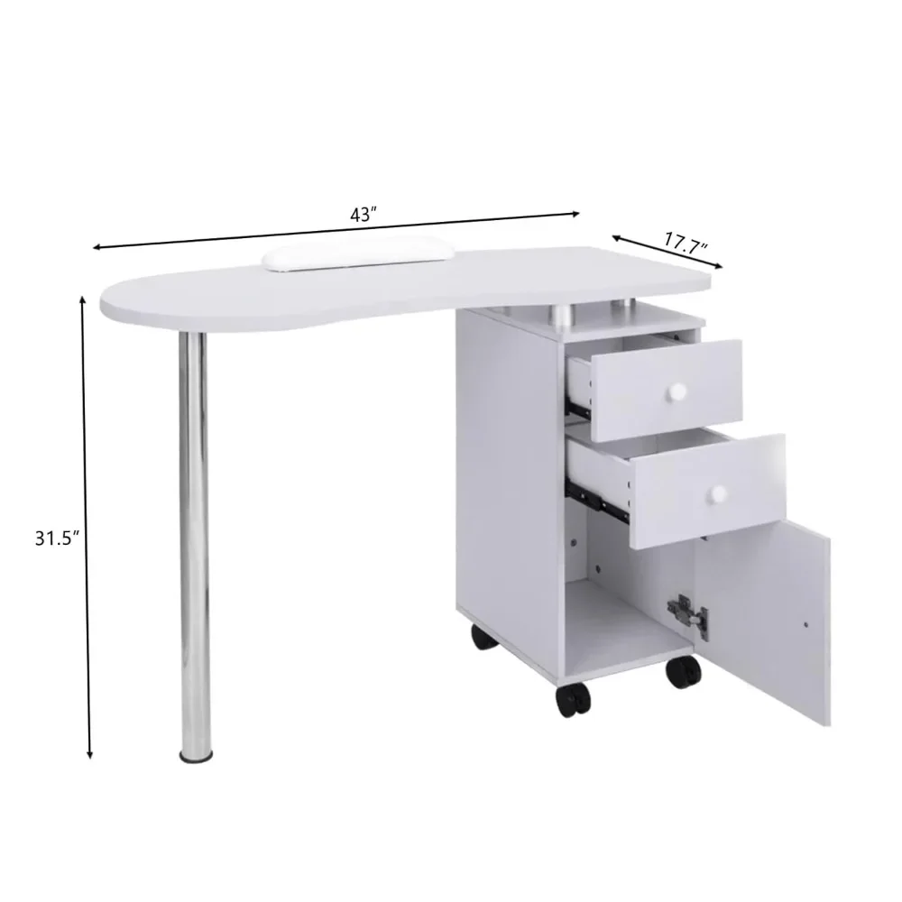 Manicure Table Nail Desk with Drawers Single Cabinet on Wheels & Arm Rest Cushion, Mobile Beauty Spa Salon Home Wooden