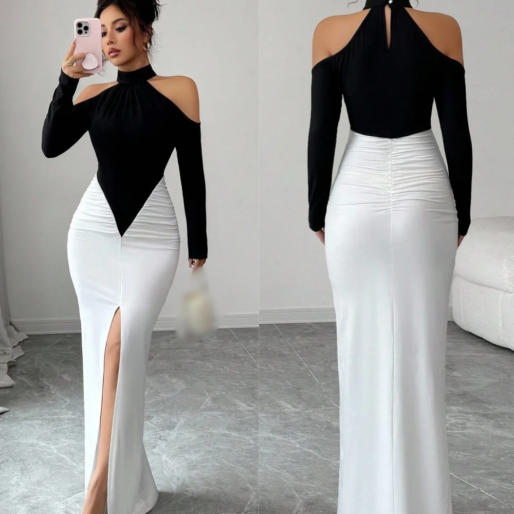 Customized Casual Simple Jersey Pleat Trumpet Off-the-shoulder Long Dresses Bespoke Occasion Matching