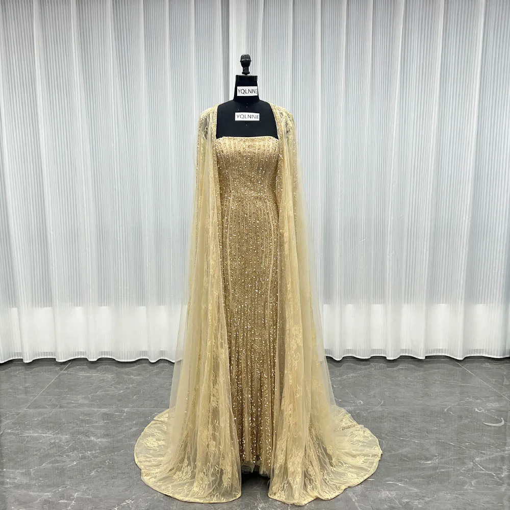 

YQLNNE 051 Champagne Gold Crystals Evening Dresses With Shawl Lace Beaded Formal Gown