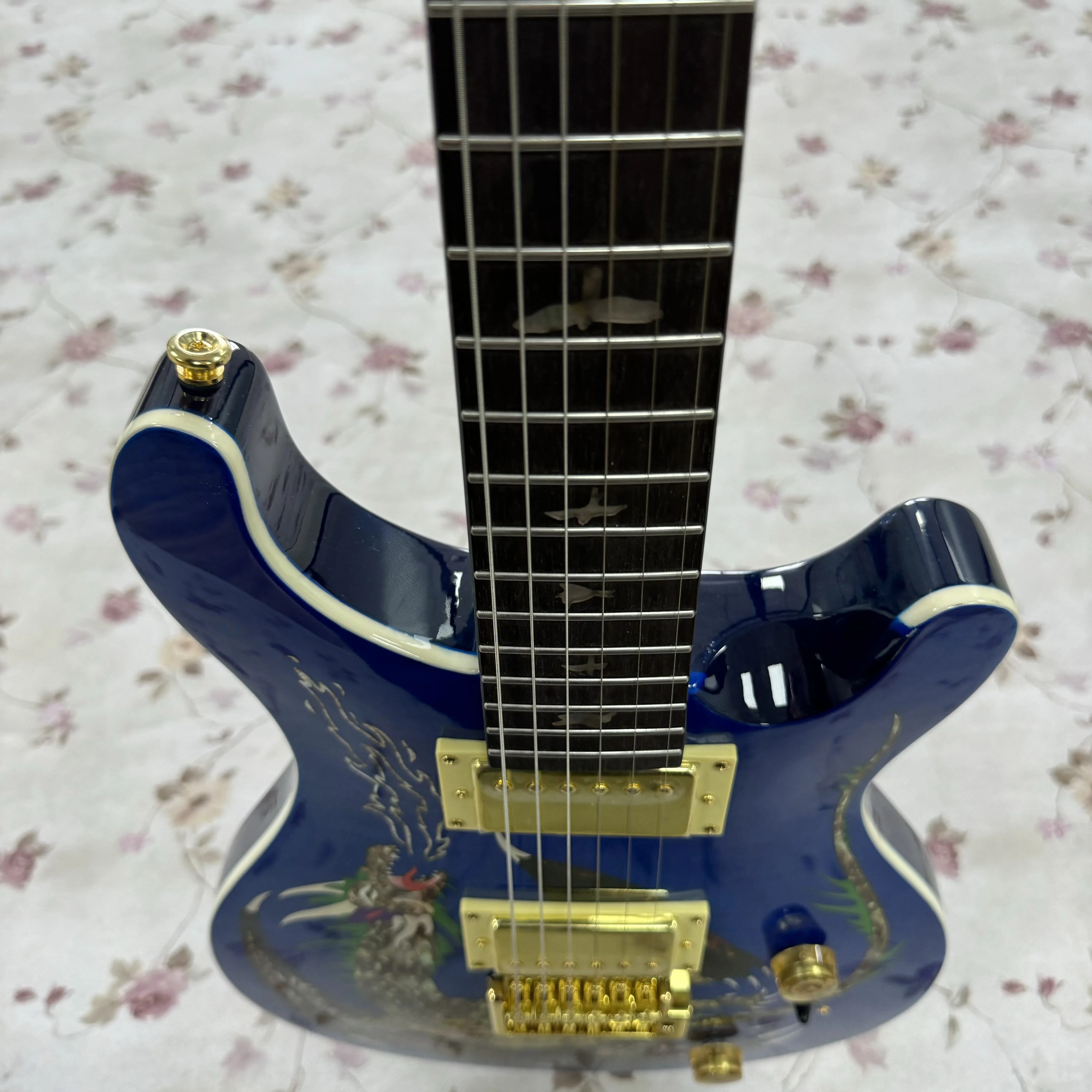 

US Warehouse Blue Dragon Style Electric Guitar Abalone Dragon Inlay Gold Hardware HH Pickups 6-String 22 Frets In Stock Free Shipping