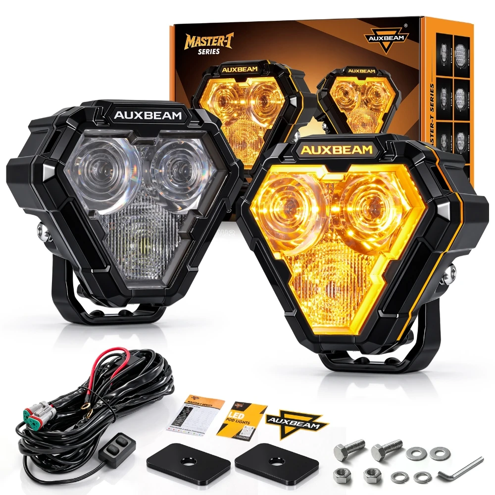 AUXBEAM MASTER-T Series 5 inch Triangle LED Pod Lights with Dynamic Start-Up Amber Welcome Mode，White Combo Off Road Work Light