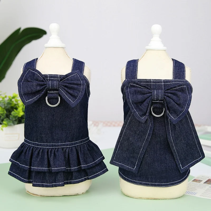 Pet Denim Dress Spring Summer Dog Dress Puppy Girl Clothes Cute Bow-Knot Dog Skirt French Bulldog Jeans for Small Medium Dog Cat