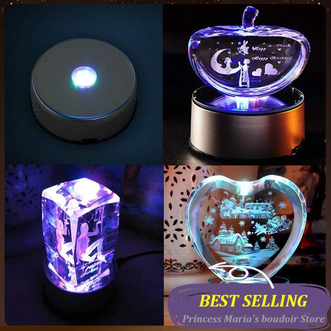 AB30-Display Turntable Base For Crystals Glass Art,4Inch 7 LED 7 Colored Rotating Crystal Display Base Stand