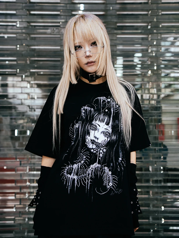 Dark Gothic Princess T-Shirt Double-Headed Swallow Tattoo Artist ARCS Visual Style Cthulhu Y2K Cotton Short Sleeve round Neck
