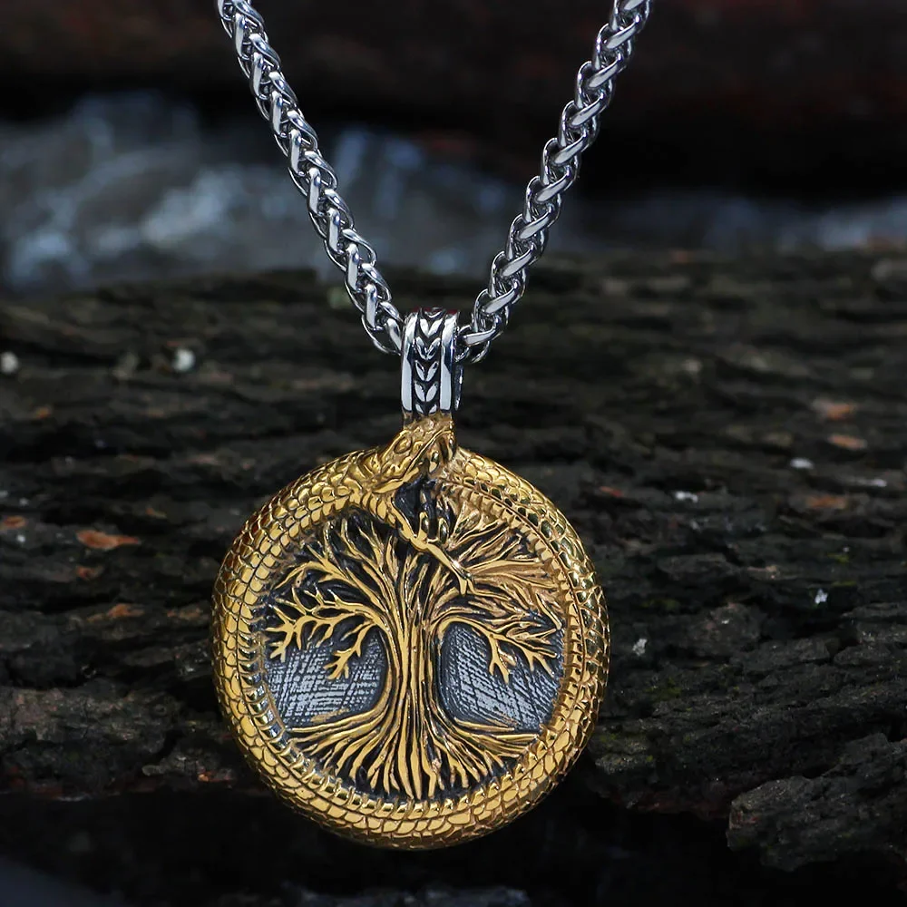 Nordic Viking Tree of Life Pendant Necklace Stainless Steel Vintage Viking Yggdrasil Ourobles Necklace Men Scandinavian Jewelry