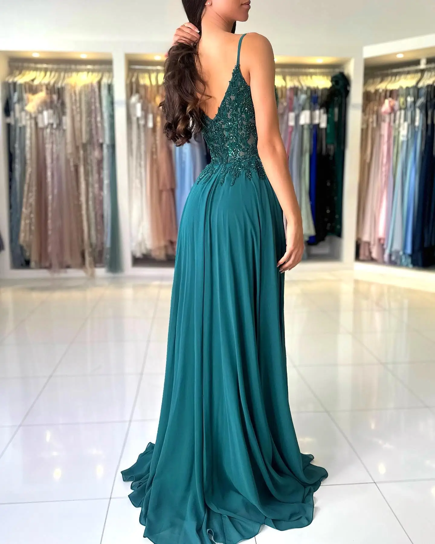 Sunnye 2024 Spaghetti Straps A-line Lace Evening Dress Green Chiffon Prom Gown Elegant Sweetheart Side Slit vestidos de fiesta