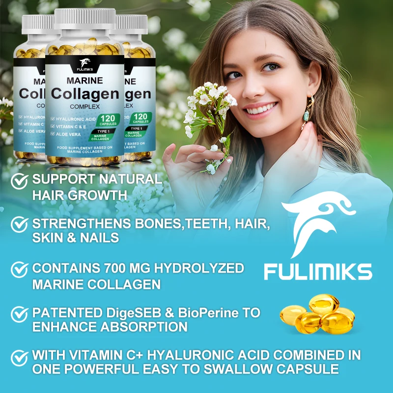 Marine Collagen with Collagen Type 1 & 3 and Hyaluronic Acid, With Hydrolyzed Collagen, Skin Health Supplement, 60/120 Capsules