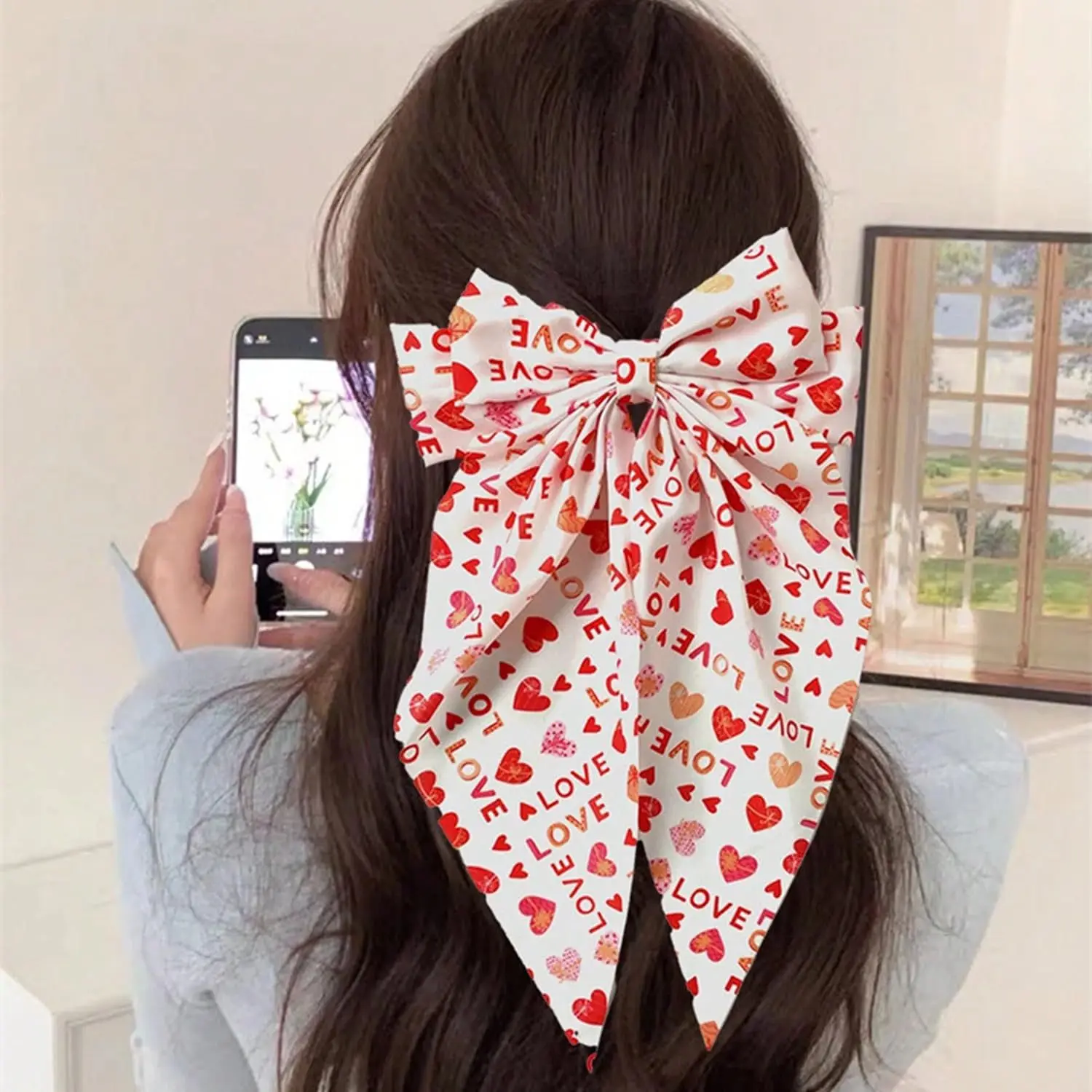 Double Layer Bow Spring Hair Clip Love Heart Red Lip Printed Ponytail Clip Valentine's Day Hair Styling Accessories Wholesale