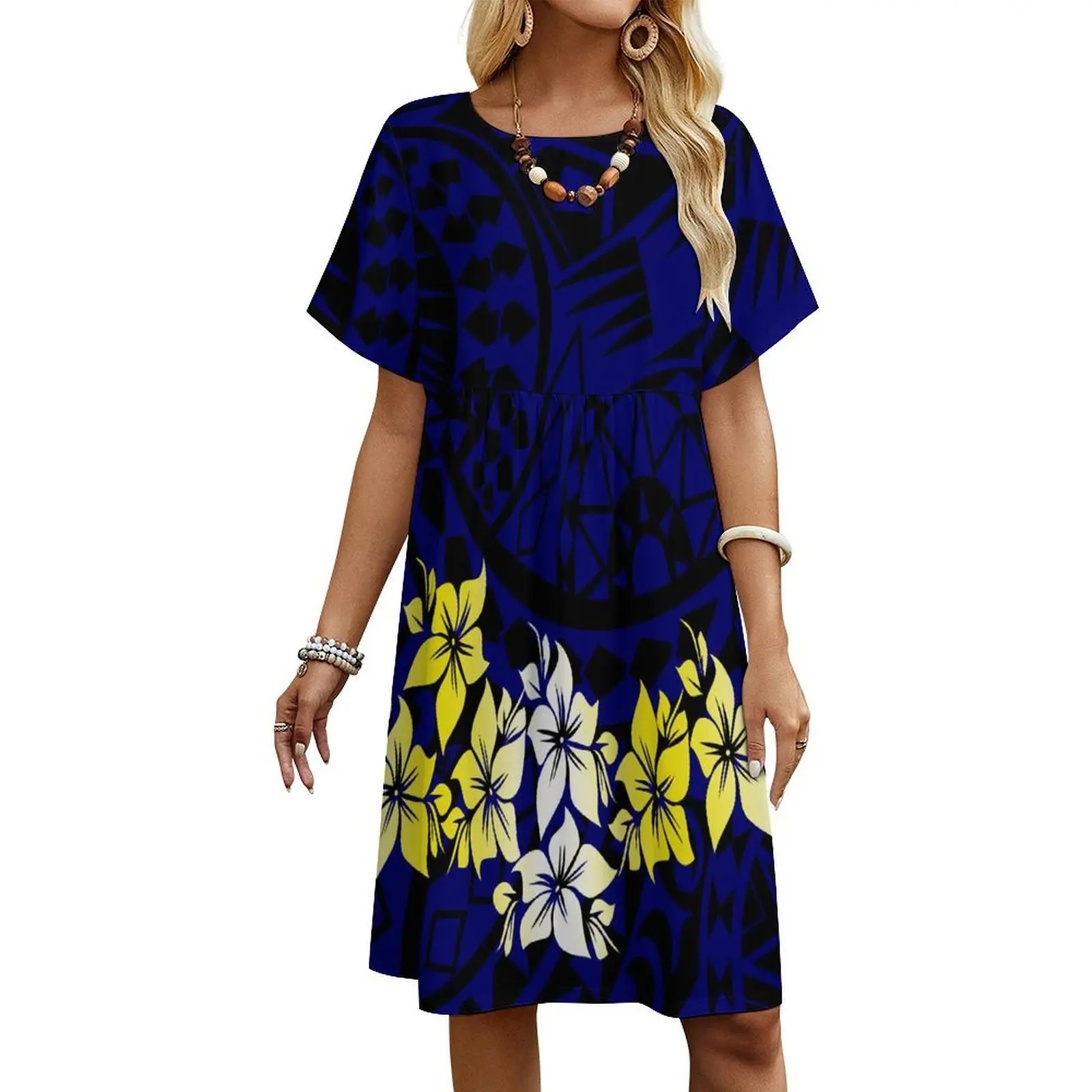 

Women'S Short-Sleeved Dress Custom Polynesian Tribal Traditional Ethnic Style Long Dress Casual Shopping Dress