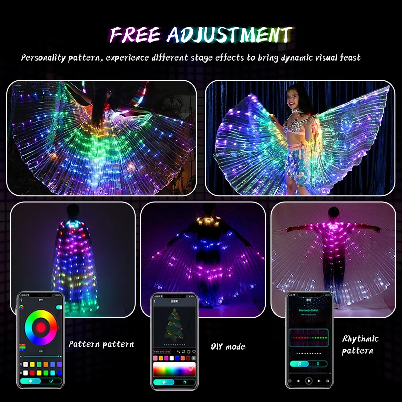 RGBIC Belly Dance Wings,LED Isis Wings With APP Remote Telescopic Sticks,Multimodal Fluorescent Butterfly Dance Wings Dress Up