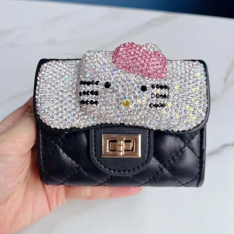 Hello Kitty Girl Card Bag Diamond Inlay Fashion Cartoon Lovely Card Clip Kawaii Lingge Embroidery Thread Daily Bag Mini Bag New