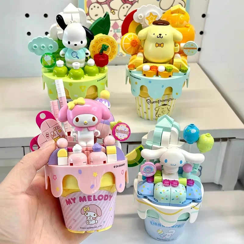 Keeppley Sanrio Building Block Kuromi My Melody Hellokitty Cartoon Ice Cream Cake Decoration Model Children's Toys Girl Gift