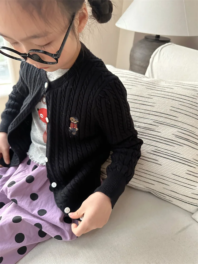 2024 Spring New Children Long Sleeve Knitted Cardigan Jacket Toddler Girls Cartoon Embroidery Knitwear Kids Casual Sweater Coat