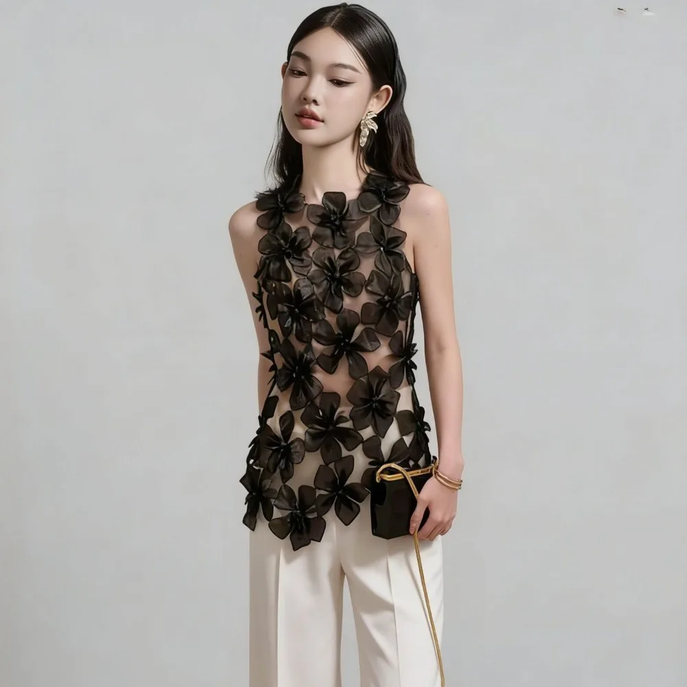 3D White Floral Applique Embellished Splice Mesh Top Round Neck Halter Backless Sleeveless Top Draped Details Art Events