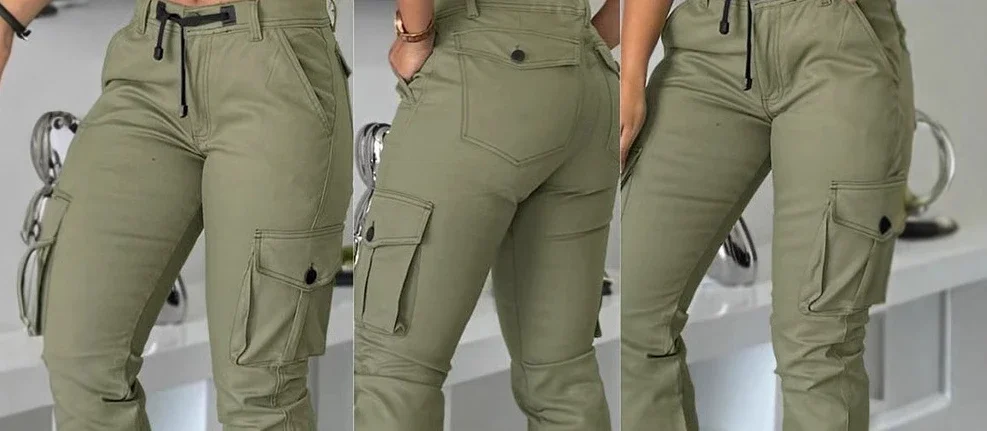 Women High Waist Multiple Pockets Design Cuffed Cargo Pants Slim Fit Trousers Pants Y2K