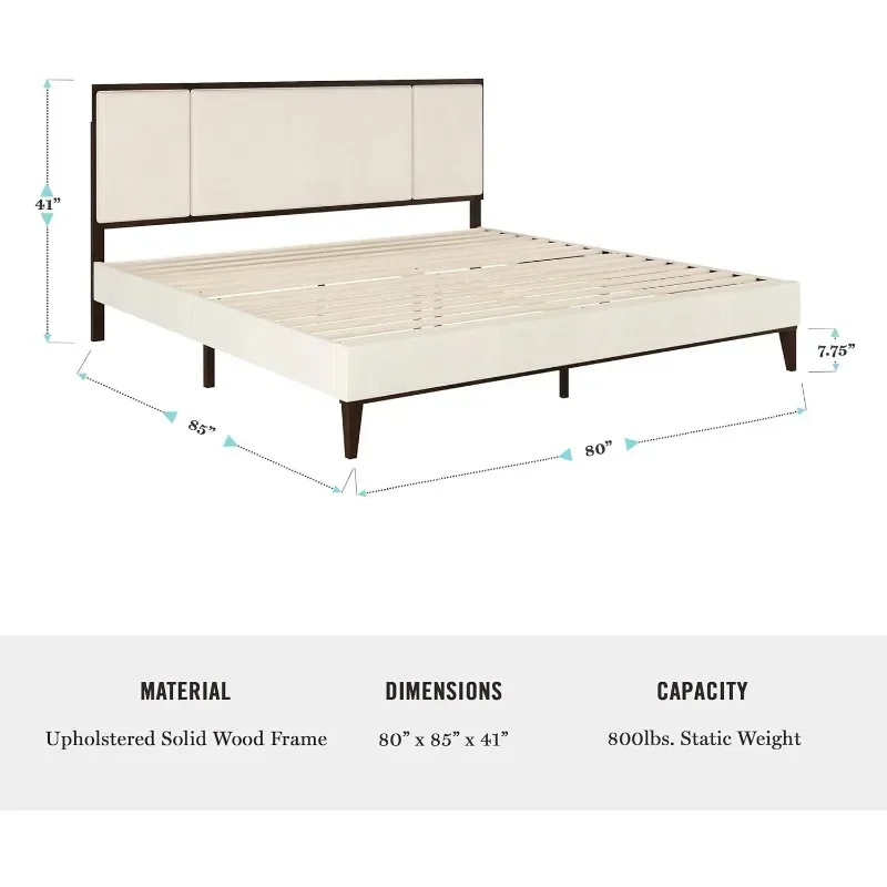 Platform Bed with Headboard, Fabric Upholstered Built-in Headboard and Base, Solid Wood Frame, No Box Spring Required