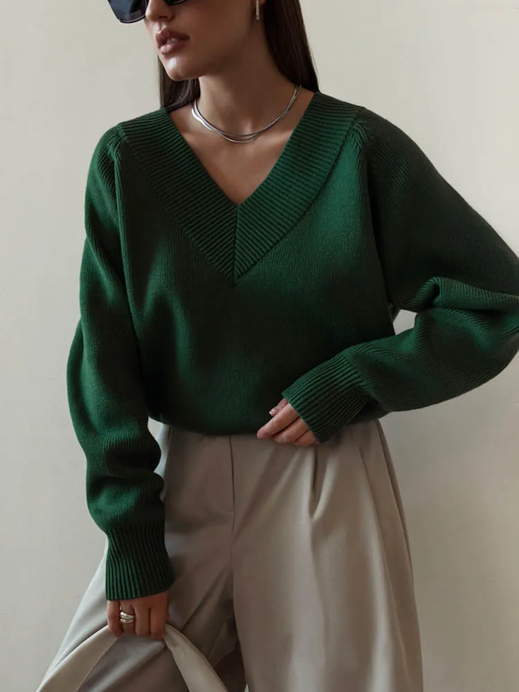 Woman Sweater New Korean Fashion Solid Color V Neck Long Sleeve Top Simple Loose Casual Women Pulovers Blue Green Knit Sweater