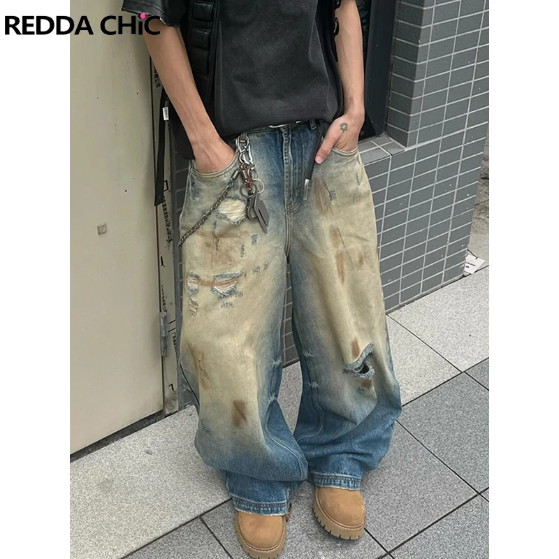 

REDDACHIC Dirty Wash Gradient Синие мешковатые джинсы Мужские винтажные старые рваные джинсовые широкие прямые брюки Harajuku Y2k Уличная одежда