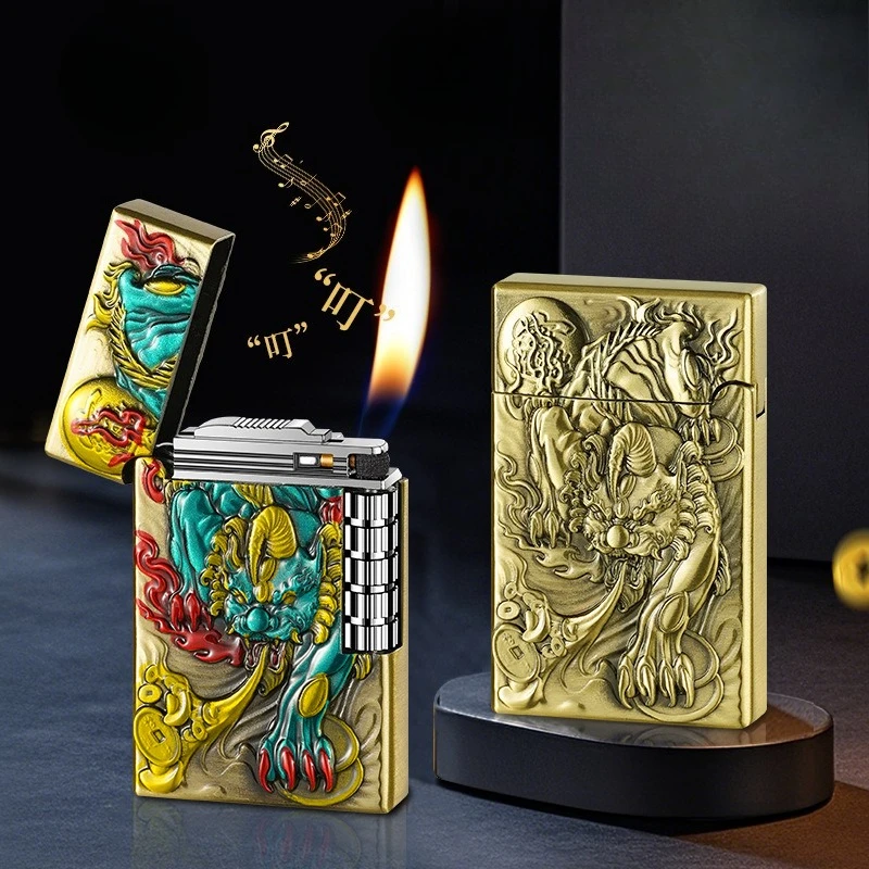 Metal Carving and Painted Leather and Loud Sound Side Sliding Grinding Wheel Inflatable, Slanted Fire Lighter High-end Gift