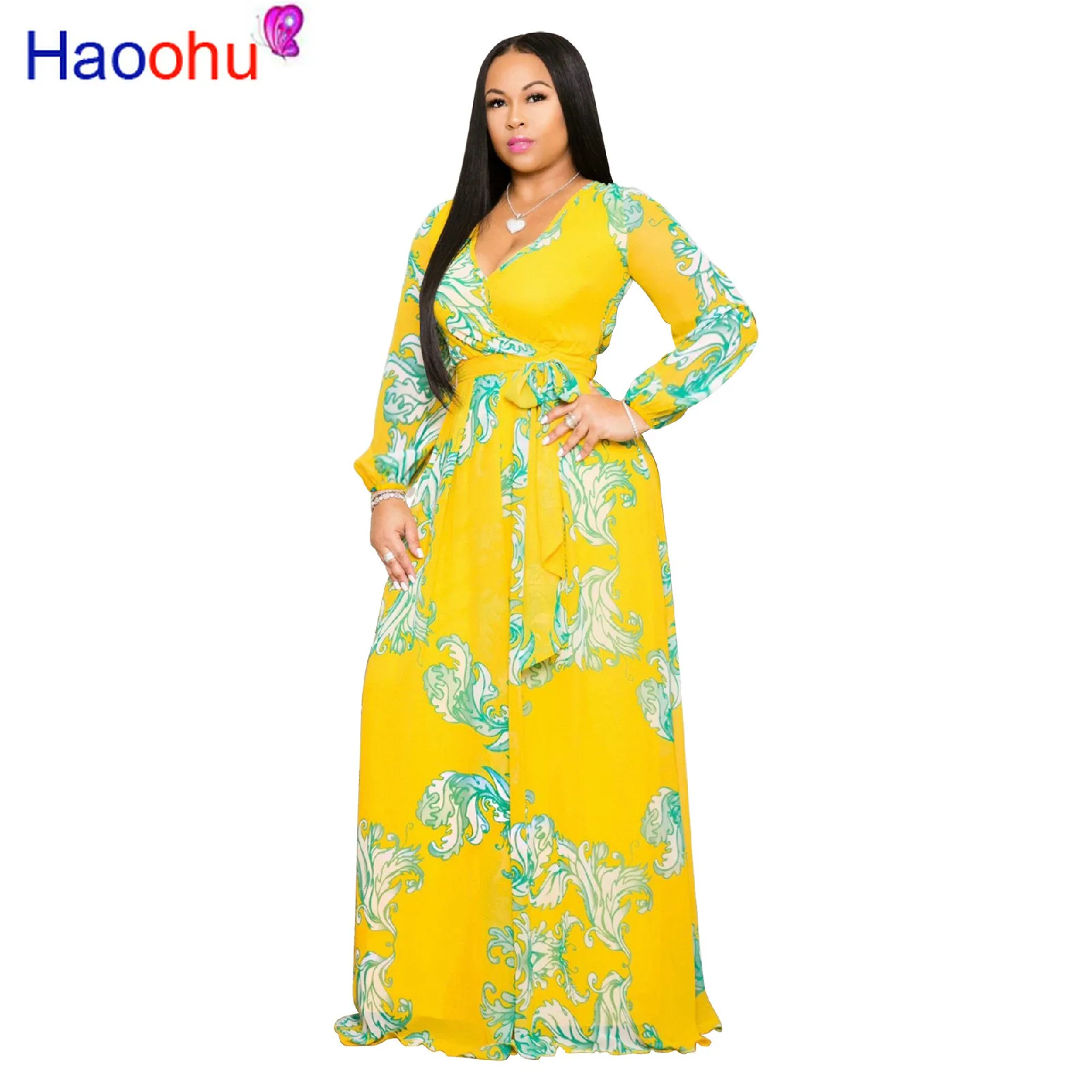 HAOOHU Women Elegant Long Dress 2023 Autumn Print Chiffon Boho Style Dresses Vestidos Beach Dress Urban Casual Women Clothing