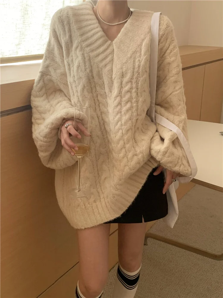 

Autumn Winter Women Beige Green V Neck Crochet Twists Sweater Korean Gray Elegant Knitted Pullovers Long Sleeve Loose Tops Trend