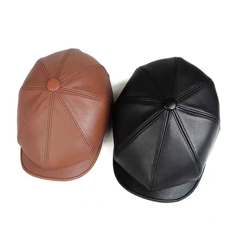 Men's First Layer Cowhide Leather Hat Winter Berets Male Warm Ear Protection Cap 100% Genuine Leather Dad Hat Duckbill Leisure