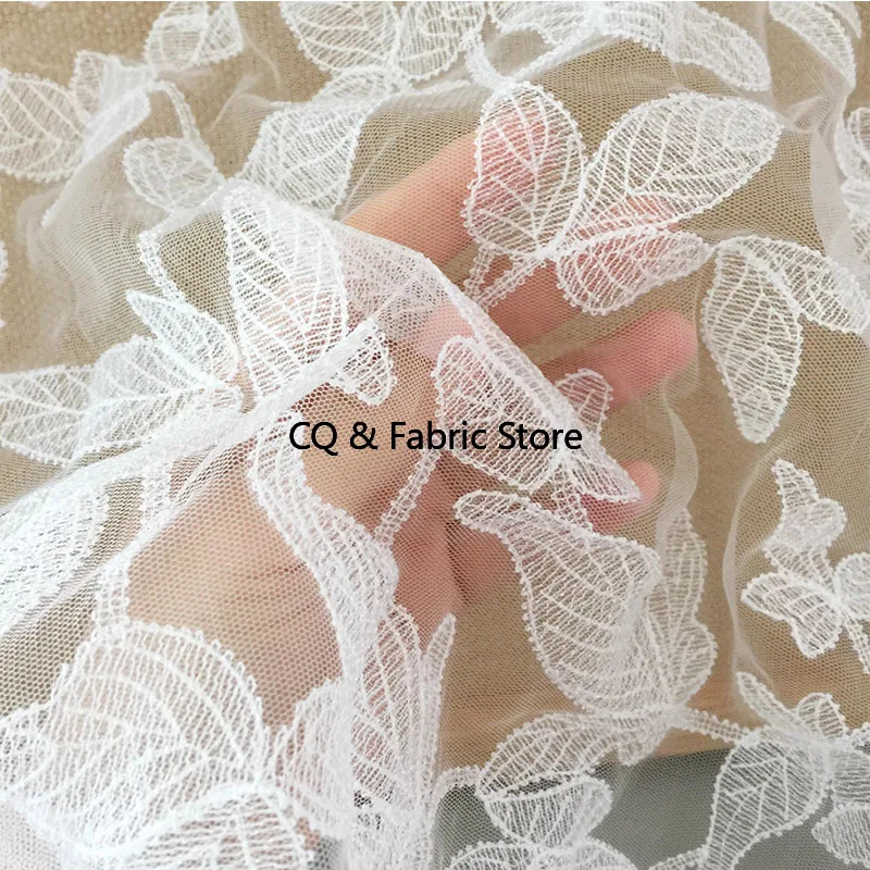 Off White Leaf Embroidery Wedding Dress Lace Fabric For European And American Wedding Dress Lace Accessories Designer Fabric